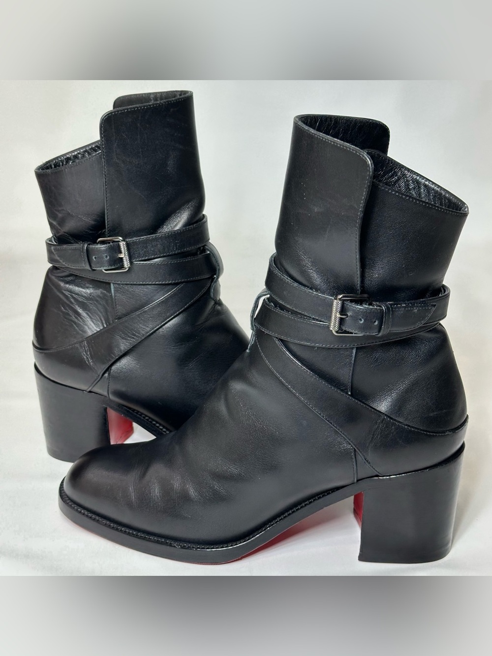 Christian Louboutin Karistrap 70 Black Leather Ankle Boots Buckle Strap Red Sole